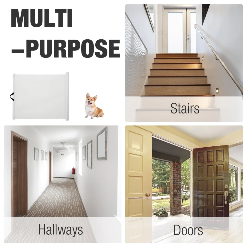 Pawhut Retractable Mesh Pet Safety Barrier Gate, Flexible and Extensible Safety Dog Gate Easy to Roll and Latch for Stairways Doorways Hallways, 45'' x 32", White