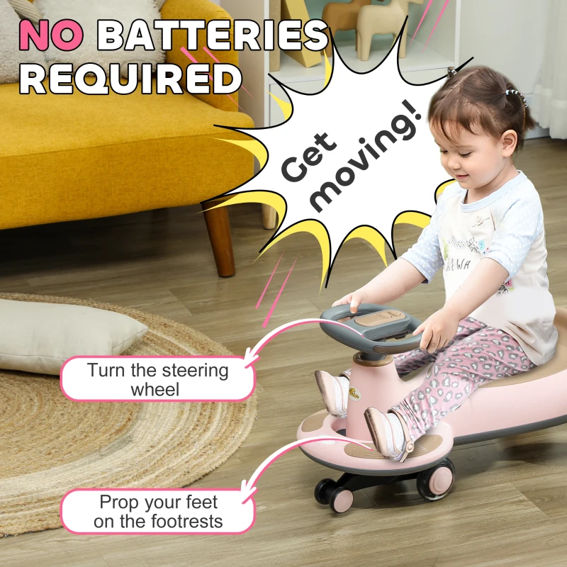 Qaba Kids Wiggle Car w/ Parent Traction Rope, Music, Light, Pink