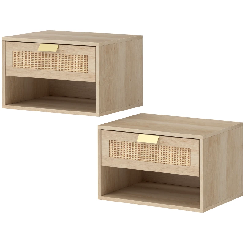 HOMCOM Floating Bedside Table Set of 2, Wall Mount Nordic Nightstands with Storage Drawer and Open Shelf for Bedroom, Oak