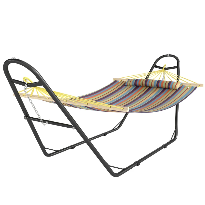 Outsunny Hammock with Stand, Heavy Duty Camping Hammock with Detachable Pillow and Spreader Bar, 264 lbs Capacity, Multicolor