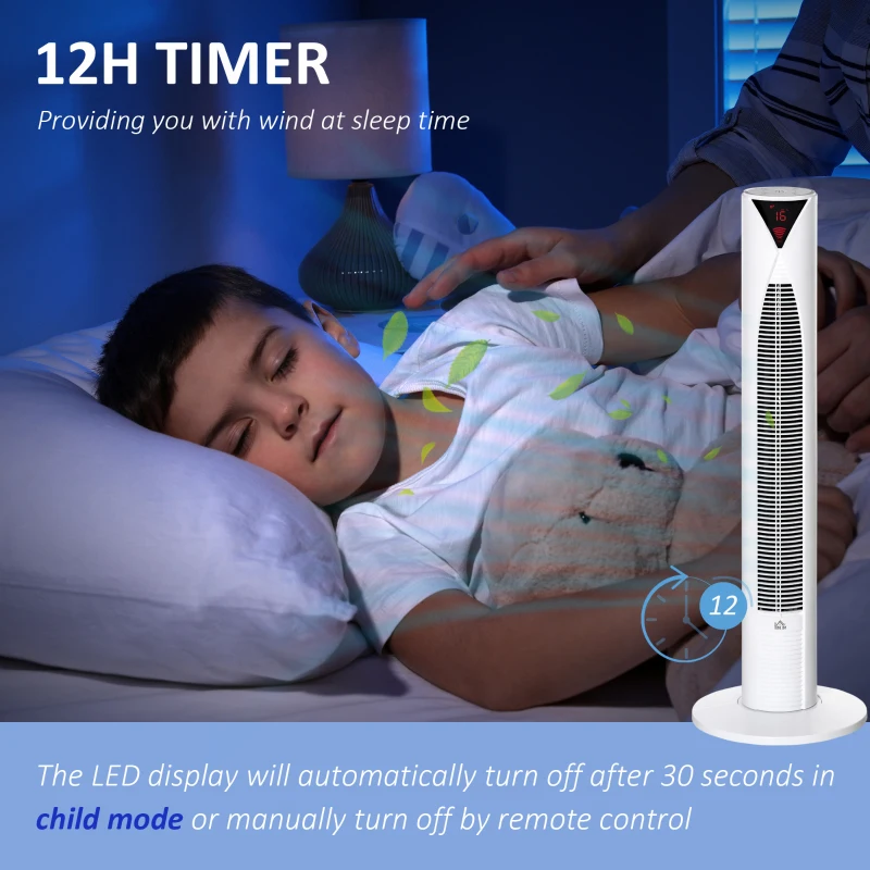 HOMCOM Freestanding Tower Fan Cooling for Home Bedroom with 3 Speed, 12h Timer, Oscillating, LED Sensor Panel, Remote Controller, White