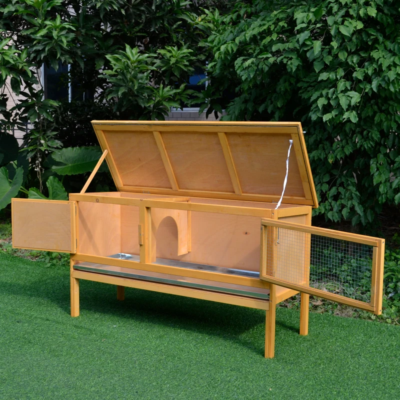 PawHut Wooden Rabbit Hutch Bunny Cage with Openable Waterproof Roof, No Leak Tray Sturdy Fir Wood Build for Indoor/Outdoor