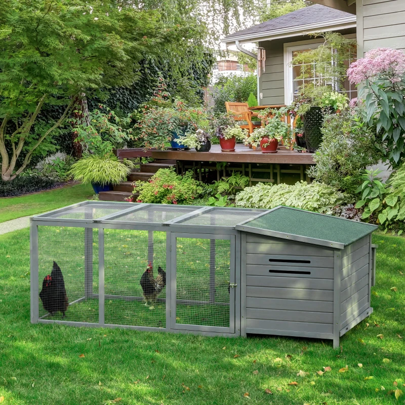 PawHut 88" Large Wooden Chicken Coop Outdoor Hen House Poultry Cage Pen Backyard with Run, Nesting Box, Waterproof Roof and Removable Tray, Gray