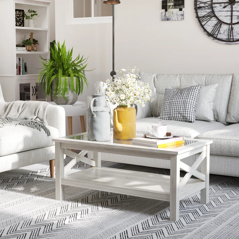 HOMCOM Farmhouse Coffee Table with Tempered Glass Table Top, 2-tier Center Table with Bottom Storage Shelf for Living Room, Bedroom