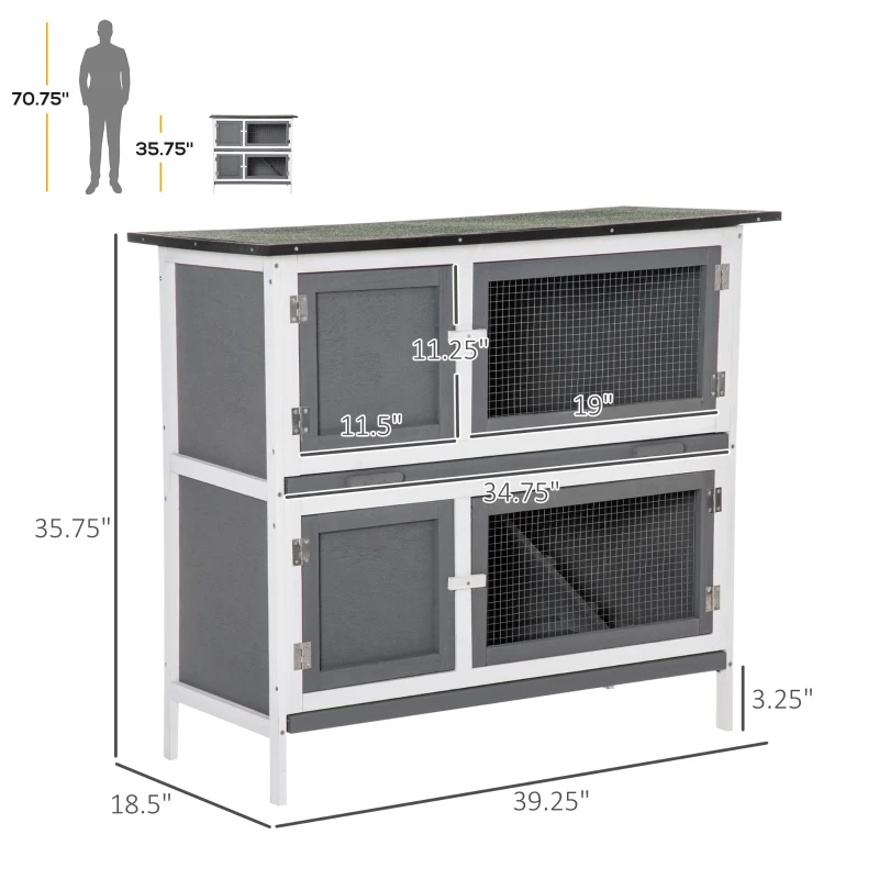 PawHut Wooden Bunny Rabbit Hutch, Small Animal Habitat with Ramp, Removable Tray & Weatherproof Roof, Indoor/Outdoor, Grey