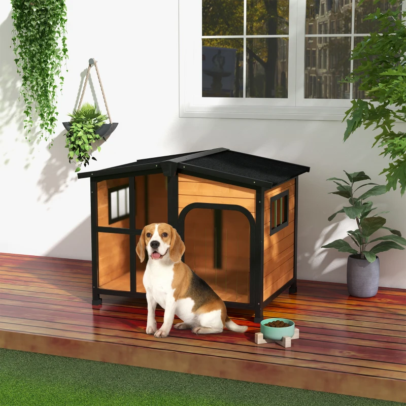 PawHut Cabin-Style Wooden Dog House for Large Dogs with Openable Roof & Giant Window, Yellow