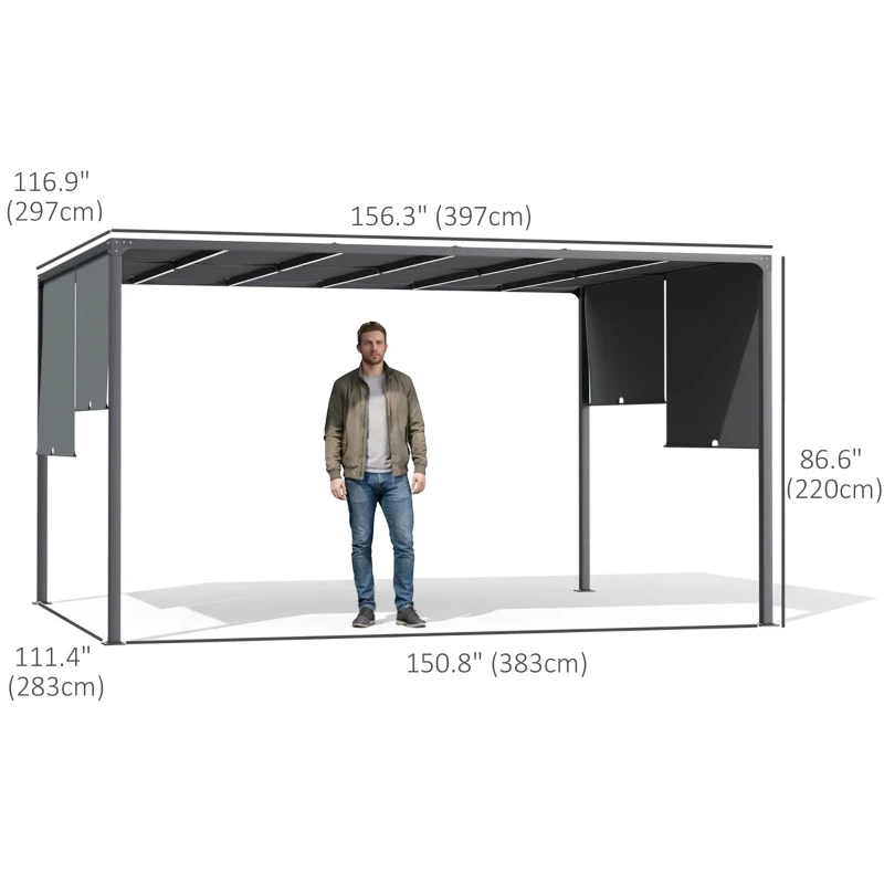 Outsunny 10' x 13' Outdoor Patio Pergola with Sliding Roof, LED Lights, Solar Powered for Garden, Lawn, Backyard, Dark Grey