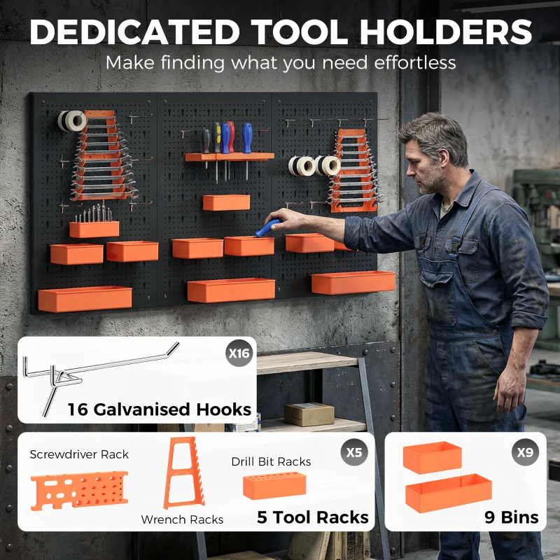 HOMCOM 33 Piece Metal Pegboard Panels, Peg Board with 16 Hooks, Bins and Racks, Black and Orange