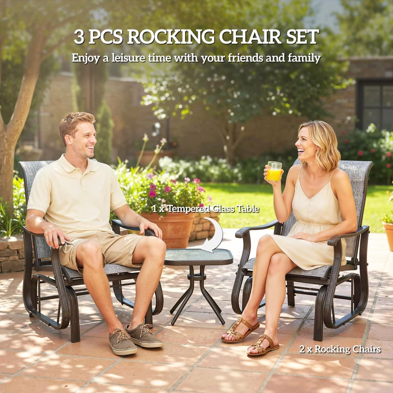 Outsunny 3PCs Gliding Rocking Chair & Bistro Tea Table Set, Grey