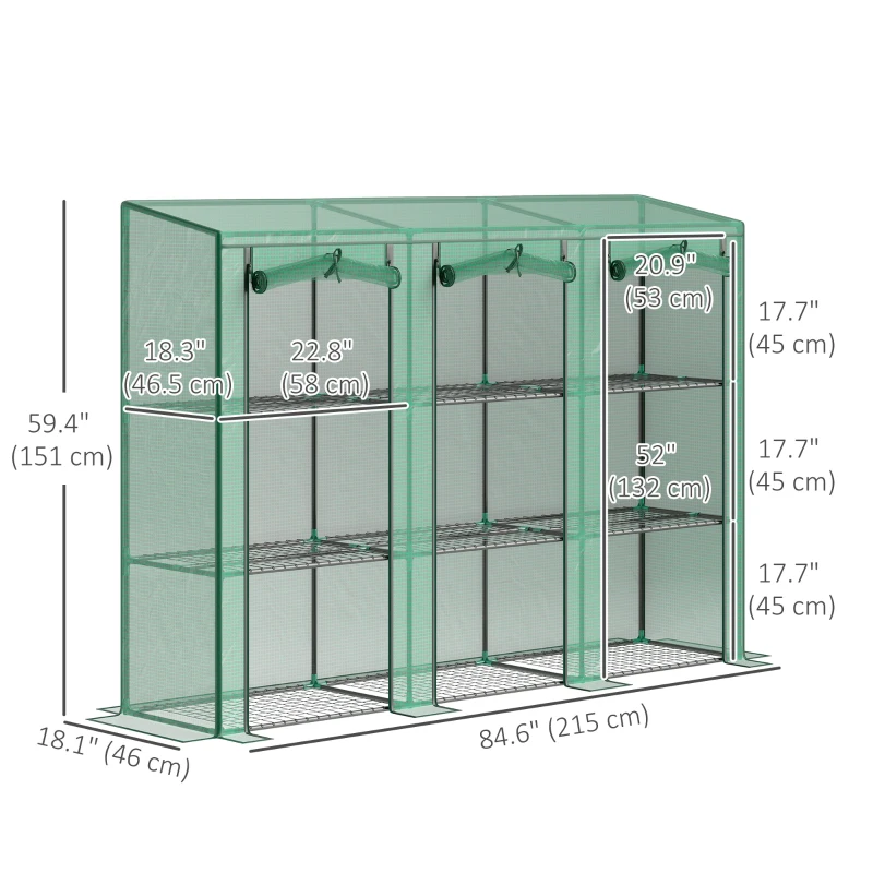 Outsunny Lean-to Greenhouse with 3 Tier Shelves, Mini Greenhouse with 3 Roll-Up Doors for Indoor Outdoor, Green