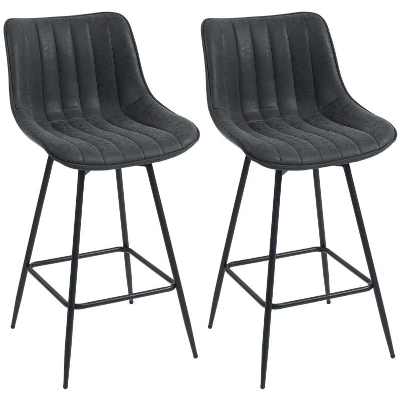 HOMCOM Set of 2 Counter Height Barstools, PU Leather Upholstered Bar Stools with Backrest, Footrest and Steel Legs, Black