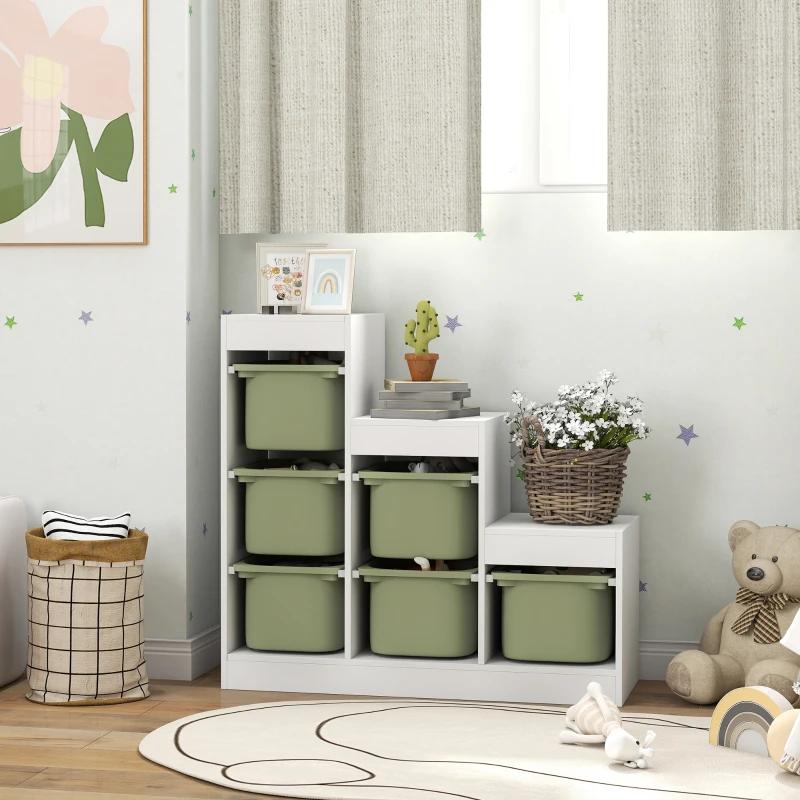 Qaba 3 Layers Toy Storage Organizer Kids Bookshelf Children Toy Storage w/ 6 Plastic Bins, Green