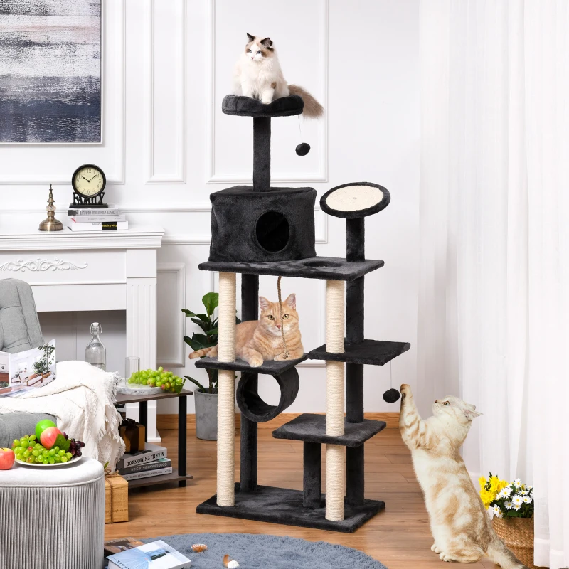 PawHut 67.75" Cat tree Tower Climbing Kitten Activity Center Furniture with Jute Scratching Post Pad Condo Perch Hanging Balls Tunnel Teasing Rope Dark Grey
