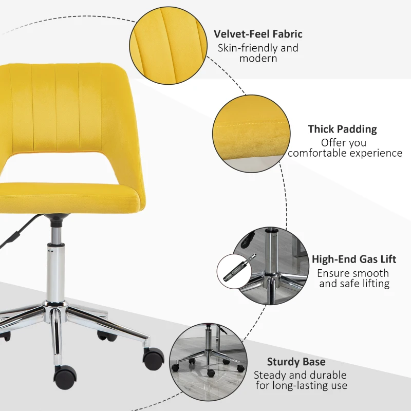 Vinsetto Mid Back Office Chair Velvet Fabric Swivel Scallop Shape Computer Desk Chair, Yellow