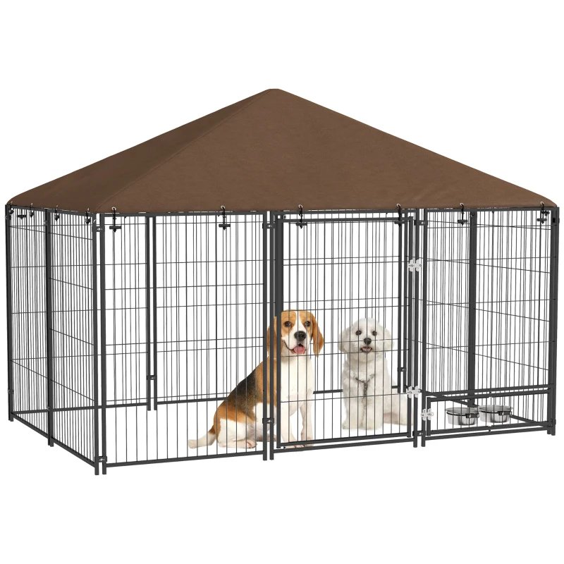 PawHut Outside Dog Kennel, 6.9' x 4.6' x 5' Puppy Play Pen with Canopy, Garden Playpen Fence Crate with Rotating Bowl, Black