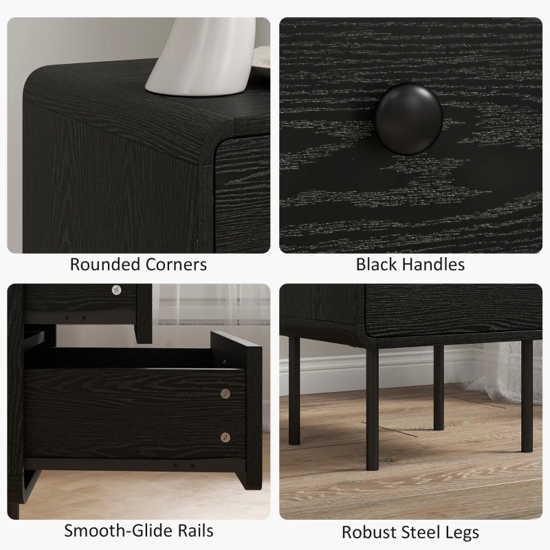 HOMCOM Modern Bedside Tables Set of 2, 2 Pieces Nightstands with 2 Storage Drawers and Steel Legs for Bedroom, Black Wood Grain
