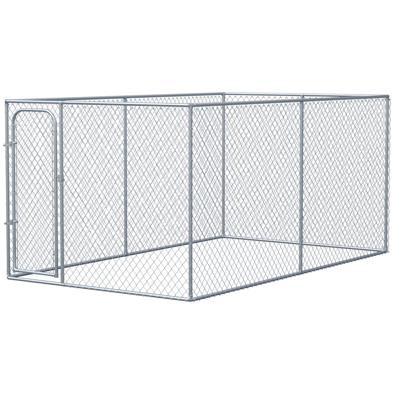 PawHut Dog Kennel Outdoor Galvanized Chain Link Fence Heavy Duty Pet Run House Chicken Coop with Secure Lock Mesh Sidewalls for Backyard Garden Silver, 13' L x 7.5' W x 5.9' H