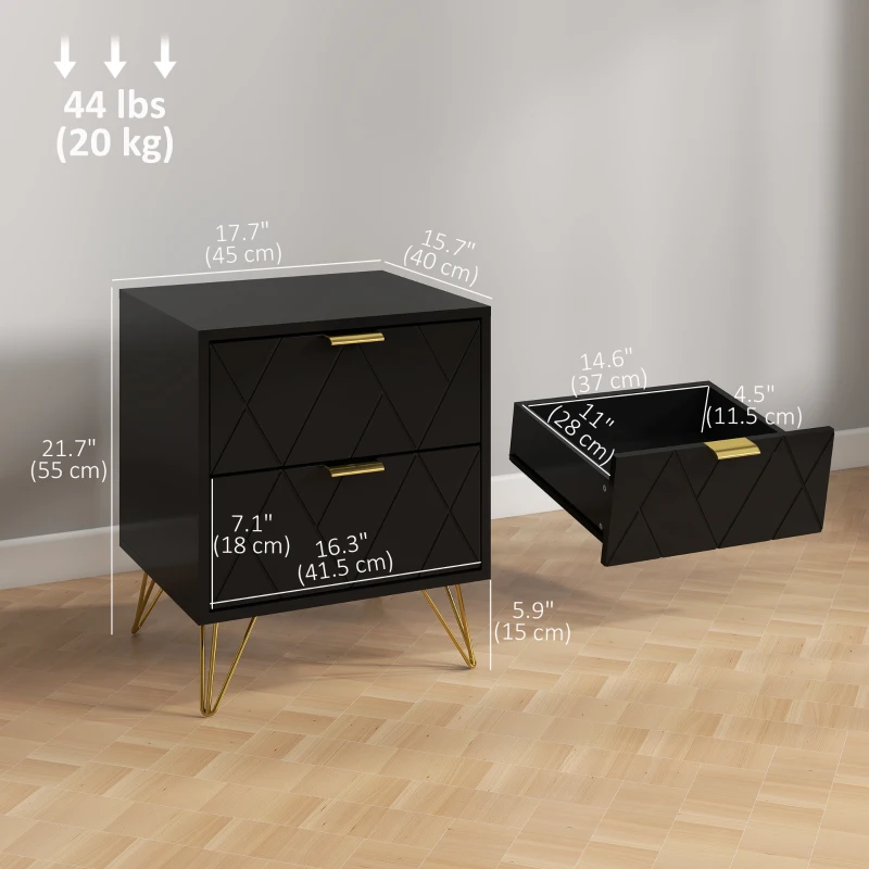 HOMCOM Modern Bedside Table, Accent Nightstand with 2 Drawers, Bed End Table for Bedroom, Black