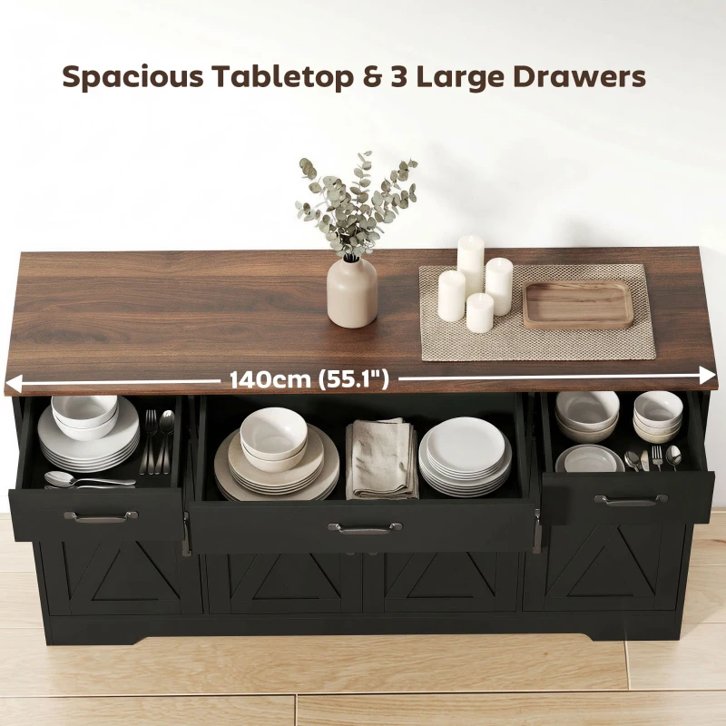 HOMCOM Sideboard Buffet Cabinet, 55" Farmhouse Kitchen Cabinet with 4 Barn Doors, 3 Drawers, 3 Adjustable Shelves, Black