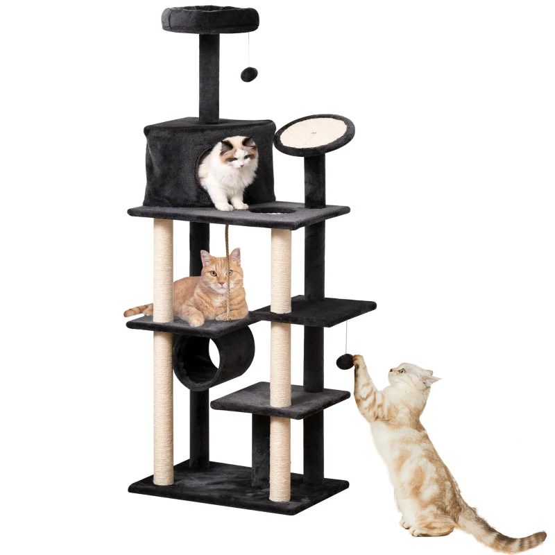 PawHut 67.75" Cat tree Tower Climbing Kitten Activity Center Furniture with Jute Scratching Post Pad Condo Perch Hanging Balls Tunnel Teasing Rope Dark Grey