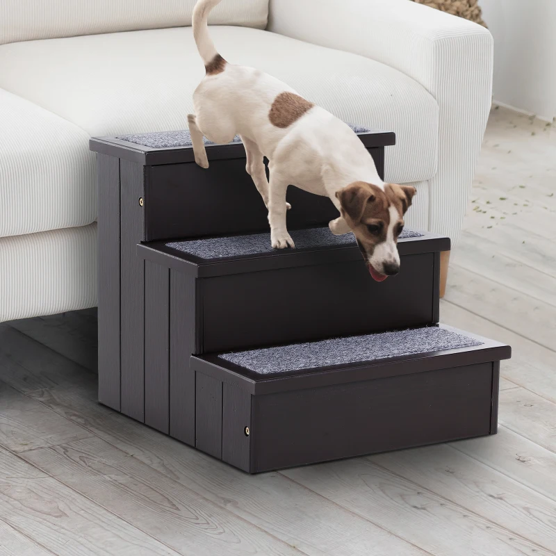 PawHut 3 Step Wooden Carpeted Non Slip Pet Stairs Ramp for Cats and Small Dogs - Brown