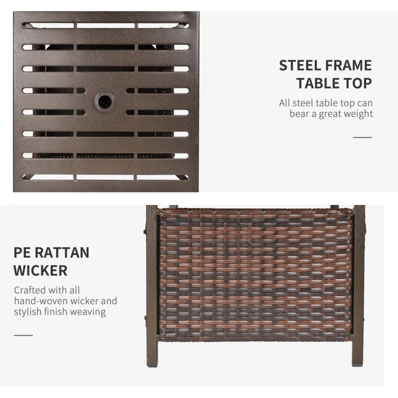 Outsunny 21.75" Outdoor Rattan Wicker Patio Coffee Table with Umbrella Hole, Patio Side Table with Slatted Metal Top, Brown