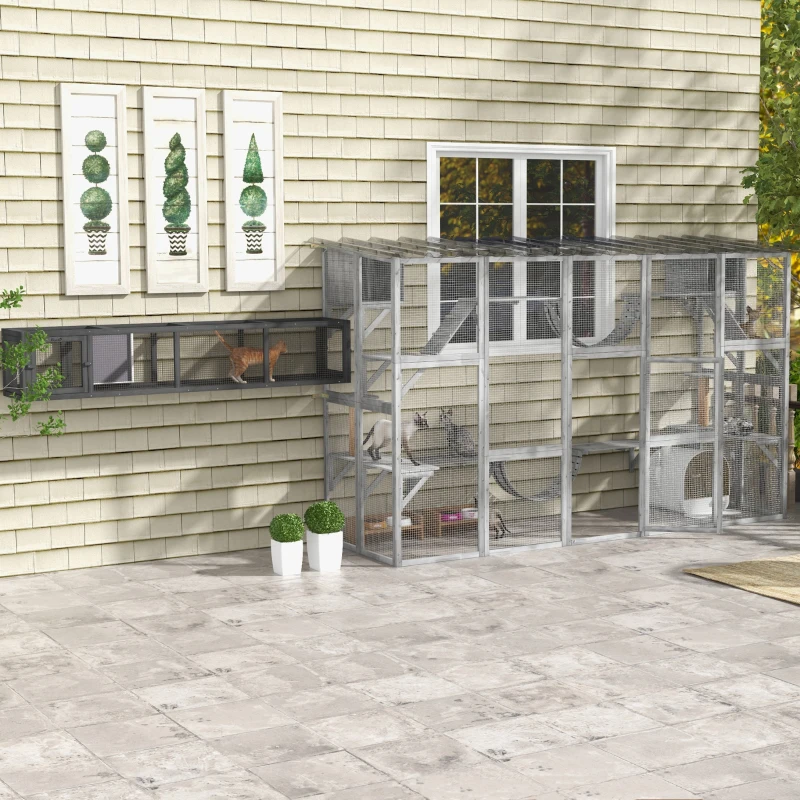 PawHut Wooden Cat Run with Weather Protection, Connecting Inside and Outside, 79"L x 15"W x 15"H, Dark Gray