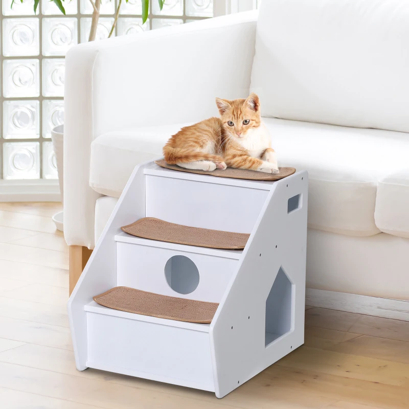 PawHut 3-Step Pet Stairs for Dogs and Cats with Built-in House and Nonslip Carpet, White