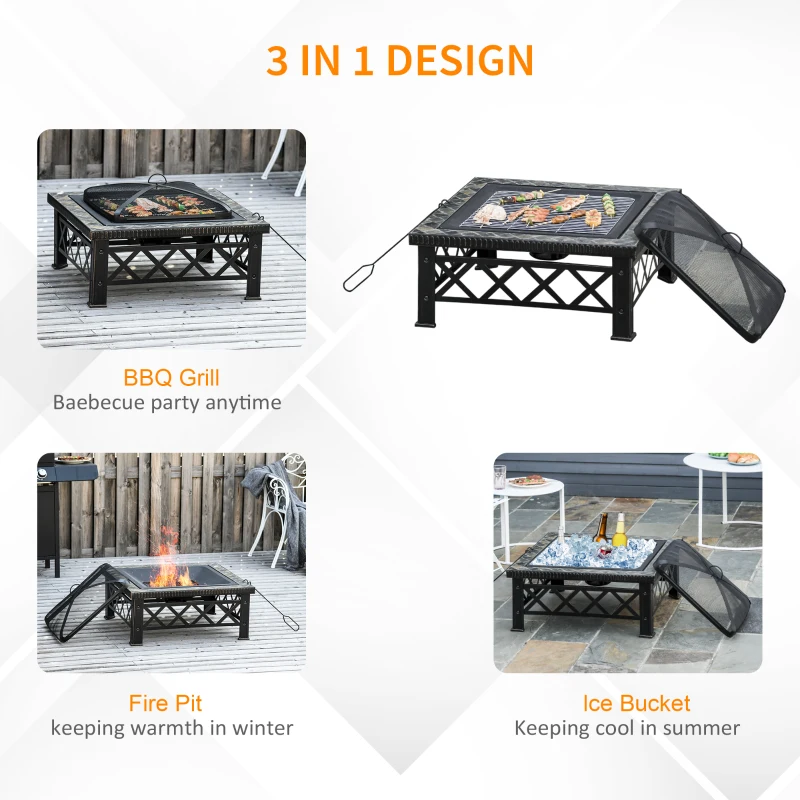 Outsunny Outdoor Steel Square Firepit Square Stove with Spark Screen Cover, Log Grate, Poker, 30" x 30" x 18.5", Black
