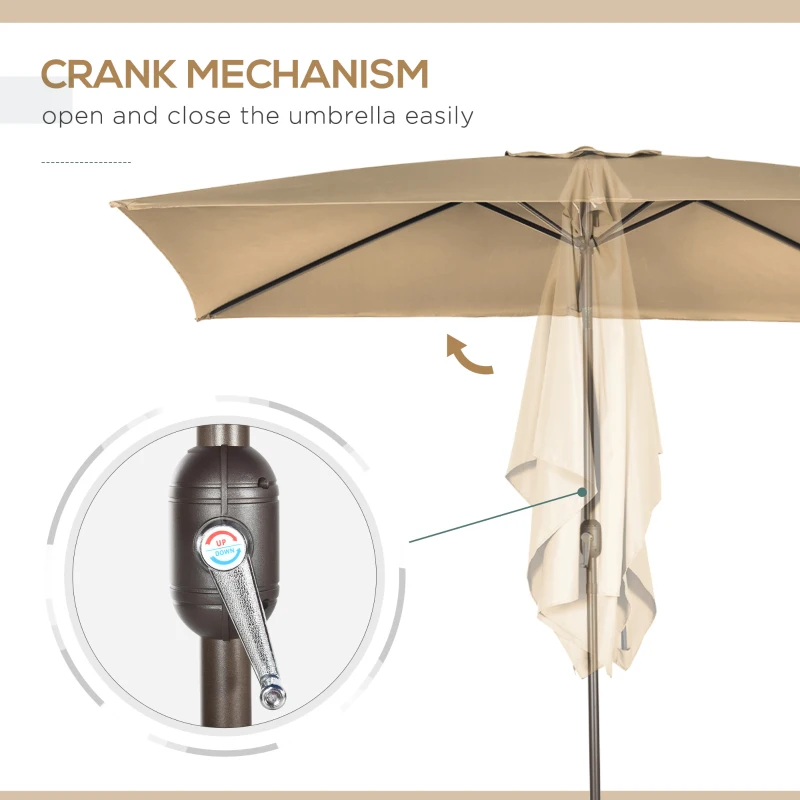 Outsunny 6.5x10ft Patio Umbrella, Rectangle Market Umbrella with Aluminum Frame and Crank Handle, Garden Parasol Outdoor Sunshade Canopy, Tan