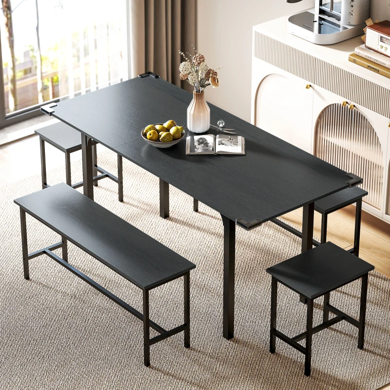 HOMCOM Extendable Dining Table Set, 5-Piece Dining Set for 4-6 with 2 Benches and 2 Stools for Small Spaces, Black