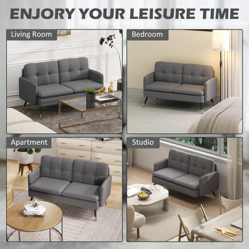 HOMCOM 55" Loveseat Sofa, Linen Love Seat w/ S spring, Steel Legs and Button Tufting, Small Couch for Living Room, Dark Grey