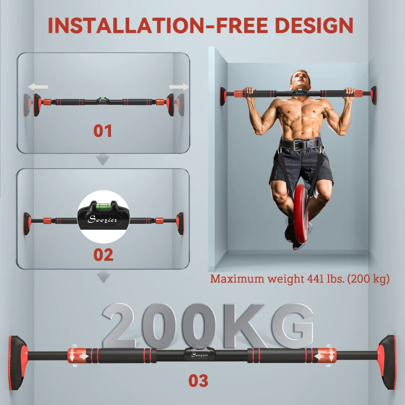Soozier Pull Up Bar Doorway No Screws, Chin Up Bar with Level Metre, 27.6"-35.4" (70-90 cm) Width Adjustable, Max Load 440lbs