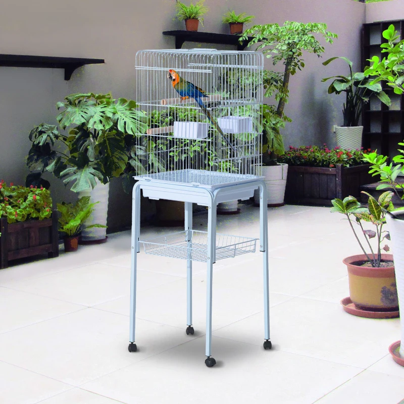 PawHut 44.5" Metal Indoor Bird Cage Starter Kit With Detachable Rolling Stand, Storage Basket, And Accessories - White