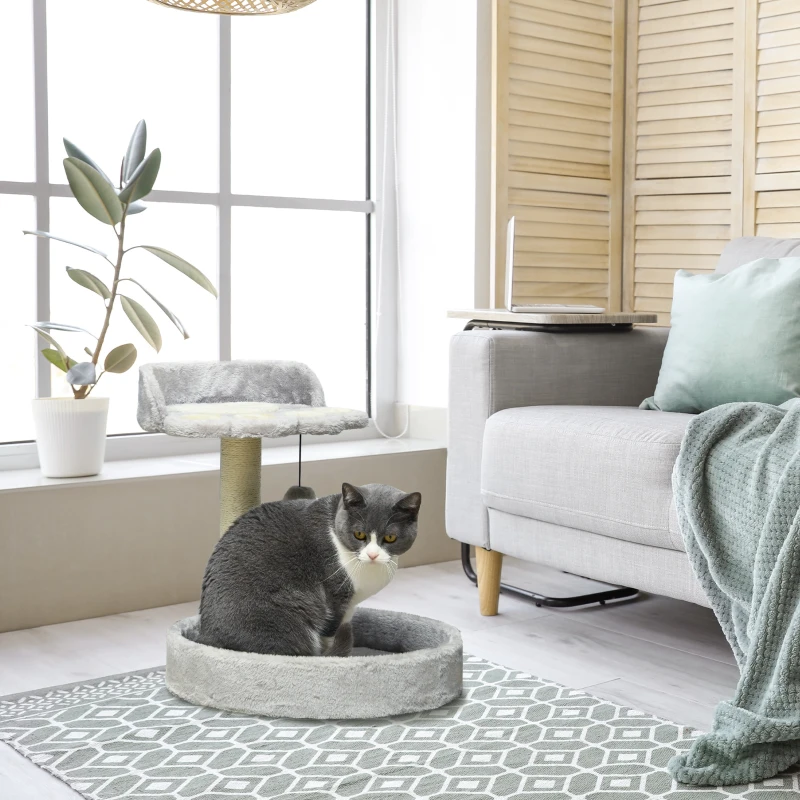 PawHut 17" Small Cat Tree, Cat Tower with Sisal Scratching Post, Dangling Ball, Bed, Kitten Activity Centre, Light Grey