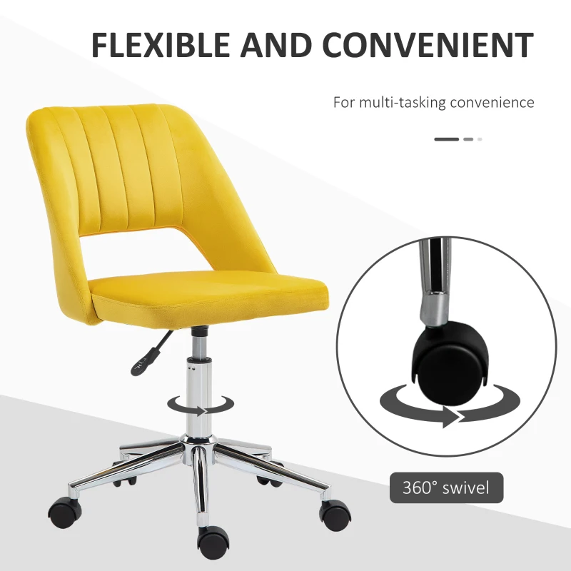 Vinsetto Mid Back Office Chair Velvet Fabric Swivel Scallop Shape Computer Desk Chair, Yellow