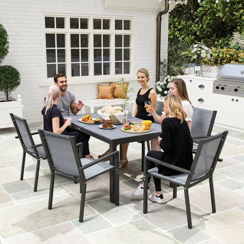 Outsunny 7 Piece Outdoor Dining Set with Rectangular Table and 6 Stackable Chairs, for Backyard, Lawn, Deck, Balcony, Pool Side