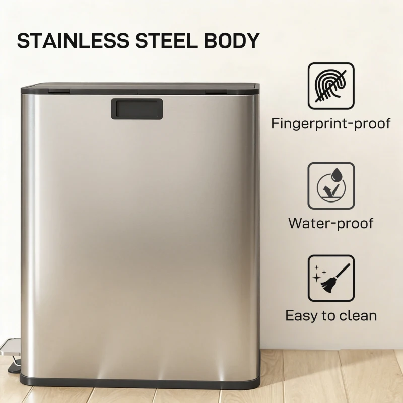 HOMCOM Dual Trash Can with Soft-Close Lid, Garbage Can with Removable Inner Bucket for Kitchen 2 x 7.4 Gal (2 x 28 L), Silver