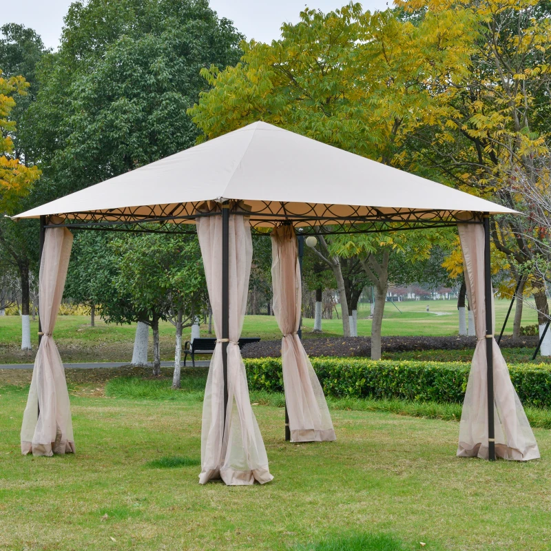 Outsunny 10' x 10' Gazebo Tent Shelter Art Steel Frame Flame-Retardant Fabric with Mosquito Netting for Party Dinner Beige