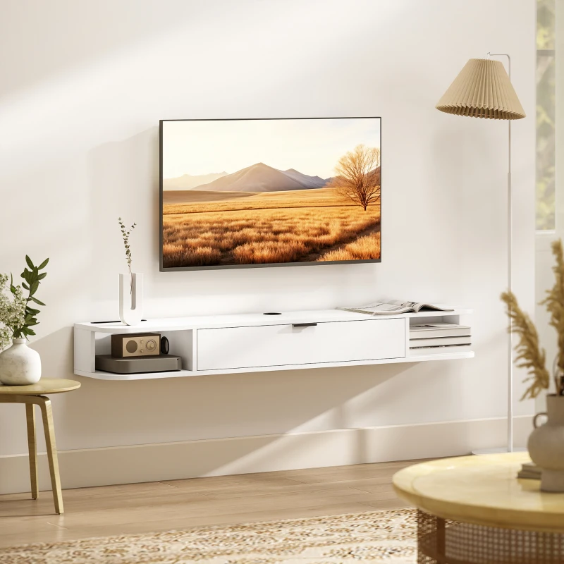 HOMCOM 55" Floating TV Stand for TVs up to 60 Inch, Wall Mounted Media Console with Flip Drawer and 2 Open Shelves, White(m-7)