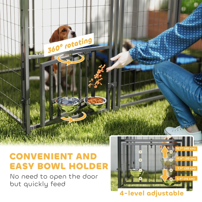 PawHut Outdoor Dog Kennel with Waterproof UV-Resistant Cover, Rotating & 4-Level Adjustable Feeding Bowls, 5.9 x 4 x 6 ft