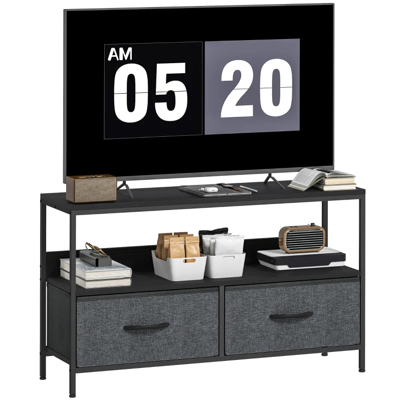 HOMCOM TV Stand with Charging Station, TV Table with 2 Foldable Linen Drawers and Open Shelf for 47 Inch Television, Black