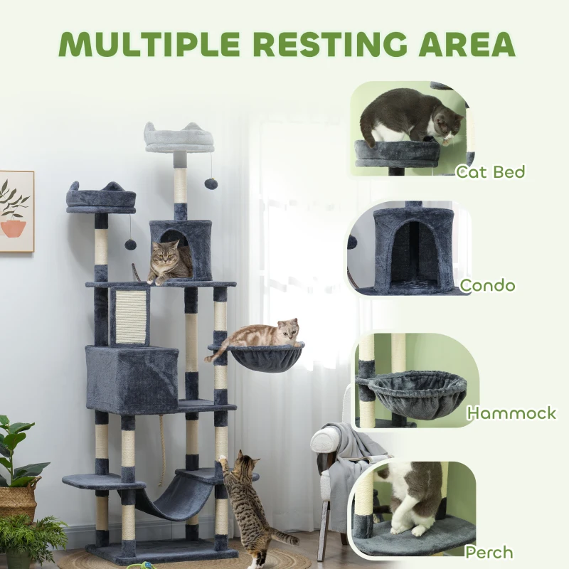 PawHut 81" Cat Tree w/ Cat Scratching Posts, Scratching Board, Condos, Beds, Hammocks, Toy Balls, Rope Cat Toy, Gray