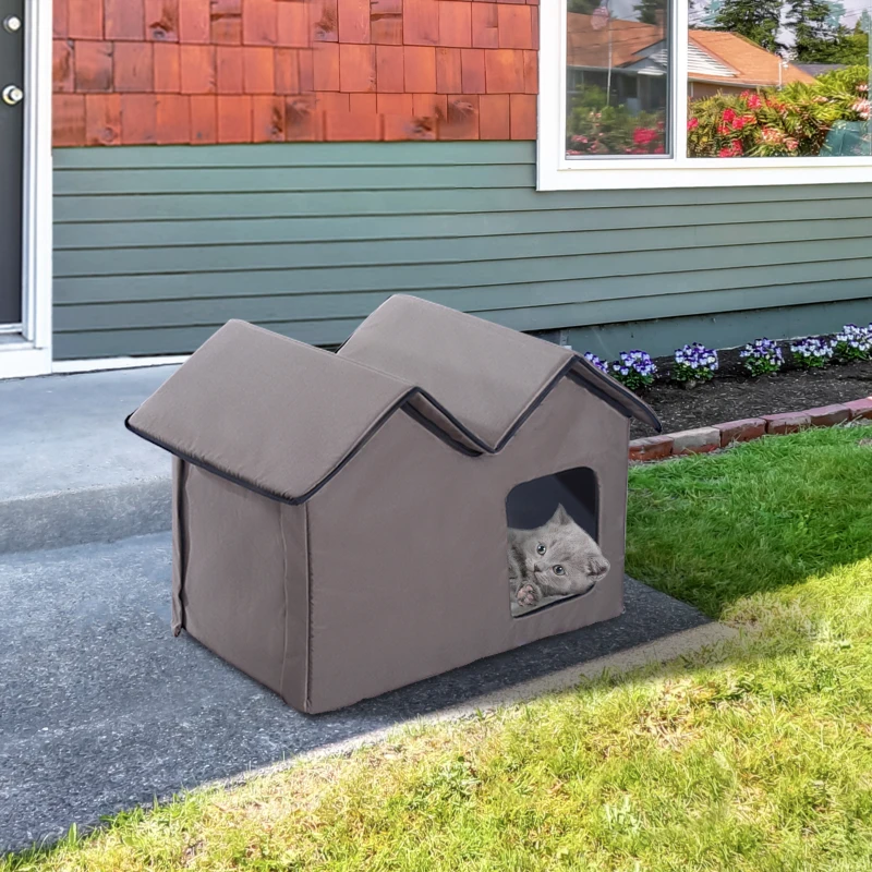 PawHut Double Heated Cat House Portable Indoor/Outdoor Kitty Shelter for Ferral Cat in Winter, Brown