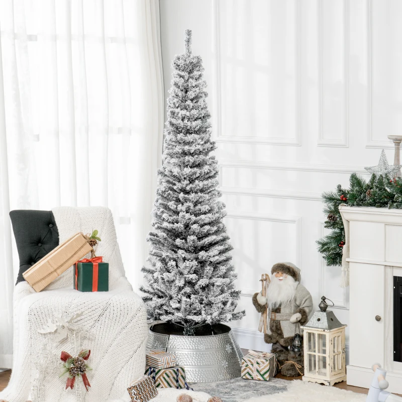 HOMCOM 6ft Flocked Christmas Tree, Pencil Christmas Tree with Realistic Branch Tips, Folding Metal Stand, Black