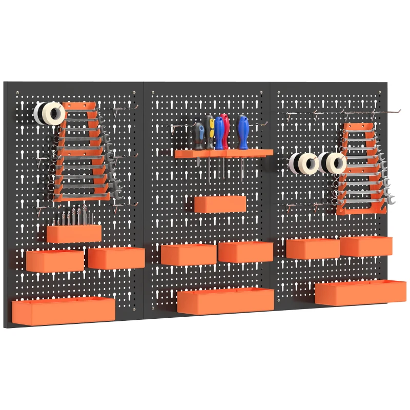 HOMCOM 33 Piece Metal Pegboard Panels, Peg Board with 16 Hooks, Bins and Racks, Black and Orange