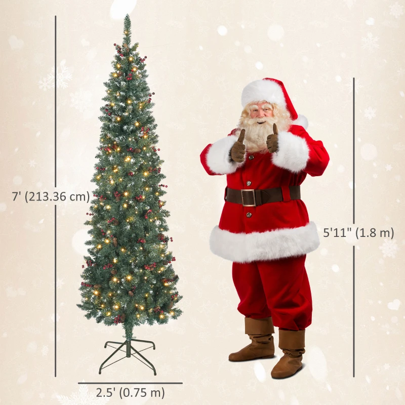 HOMCOM 7 ft Pencil Prelit Christmas Tree with LED Light, Silver Glitter, Dense Pointed Branches, 8 Modes, Slim Xmas Tree