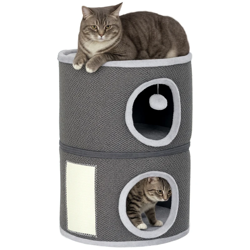PawHut 2-Story Cat Condo Barrel Tree with Top Perch, 2 Hideaways, Scratching Board, Removable Cushions, Toy Balls, Dark Grey