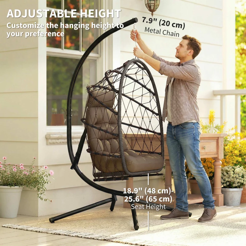 Outsunny Hanging Egg Chair with Stand, Foldable Wicker Rattan Swing Chair with Thick Cushion and Safety Rope, Brown