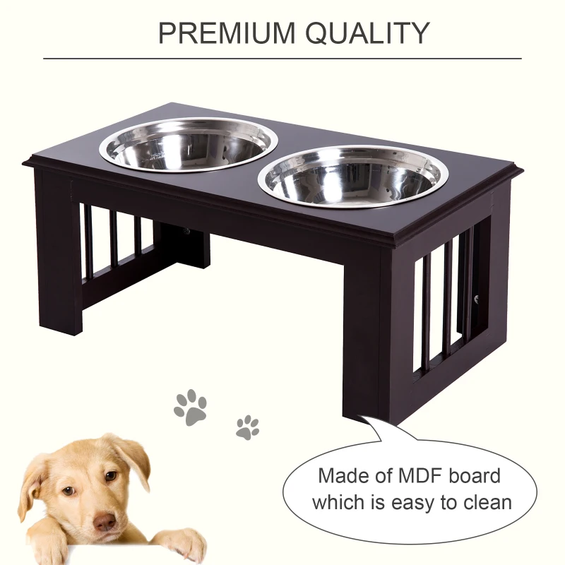 PawHut 10" Height Dog Feeding Station for Messy Pets, Stainless Steel Elevated Dog Bowls with Modern Wooden Frame, Dog Food Stand Pet Feeding Station, Dark Brown